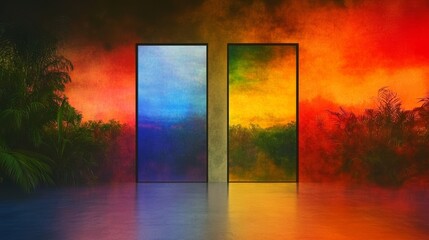 Abstract painting of a surreal jungle at sunset with two framed images one in blue and the other in gold against a colorful tropical backdrop