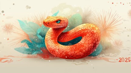 Fototapeta premium Orange snake coiled among tropical foliage.