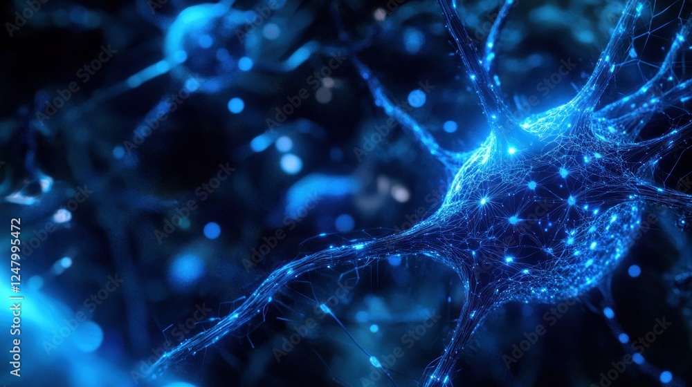 Aufkleber microscopic view of a glowing blue neuron with intricate network of connections and synapses.