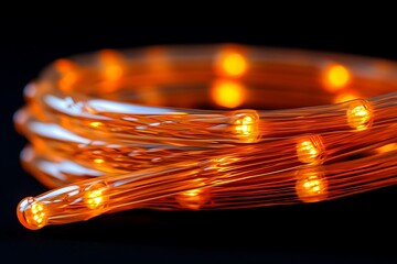 Orange LED string lights coiled on black background