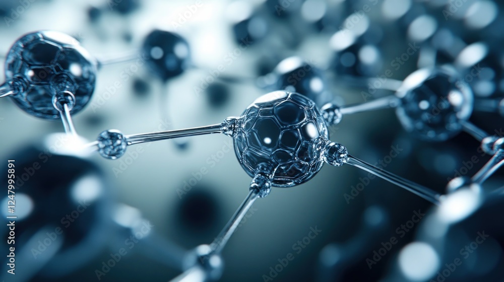 Poster microscopic view of interconnected molecules, abstract representation of molecular structure.