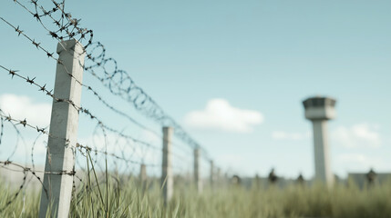 Barbed Wire Fence and Watchtower: A security fence topped with barbed wire stretches into the distance, a watchtower subtly blurred in the background under a pale sky.