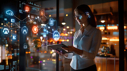 A woman is looking at a tablet with a lot of icons on it. generated using AI