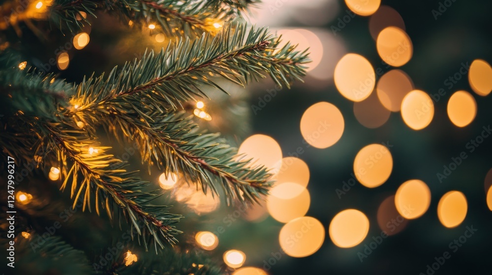 Poster close-up of illuminated pine branch with bokeh lights.