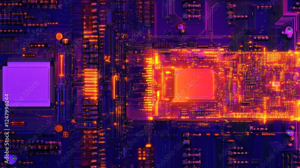 Poster close-up of a vibrant, illuminated circuit board showcasing intricate technological components and c