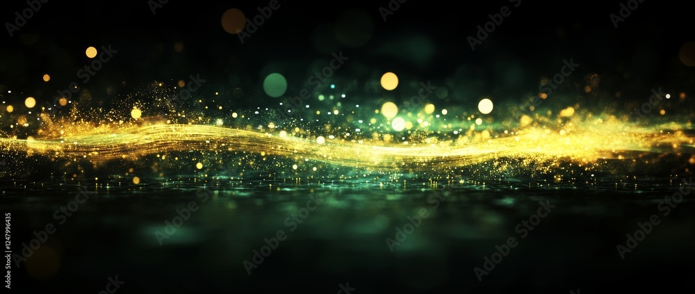 Poster glowing particles and abstract waves create a futuristic landscape with vibrant neon elements in dar