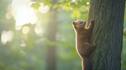 Fototapeta premium Pine Marten Climbing: A playful pine marten climbs a tree trunk, bathed in golden sunlight filtering through the canopy.
