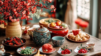 Fototapeta premium A beautifully arranged table features colorful dishes of food, tea, and vibrant flowers, creating an inviting and festive atmosphere.