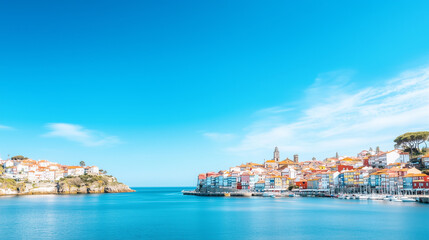 Obraz premium Coastal Town Seascape: A picturesque coastal town nestled between two hills, vibrant buildings in shades of orange, yellow, and white line the calm azure waters under a clear blue sky.
