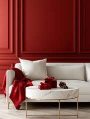 A modern living room featuring a white sofa, red accents, and festive decorations against a rich red wall.