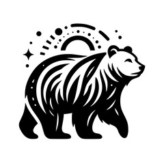 Black and white illustration of a bear, adorned with cosmic symbols.