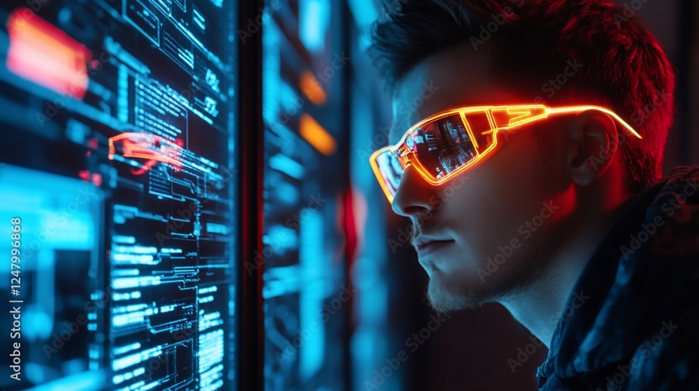Poster man wearing illuminated glasses looking at digital interface screen with code