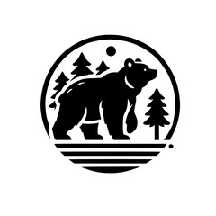 Black Bear in Circle, Silhouette with Trees and Sun