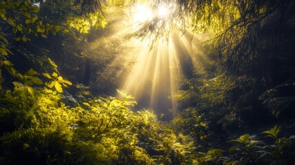 Obraz premium Sunlight Filtering Through the Enchanted Forest Canopy Illuminating Vegetation