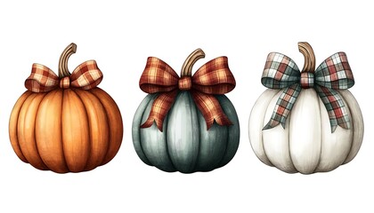 Autumn Pumpkins Decorated with Plaid Ribbons