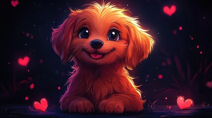 Cute animated puppy with hearts in a dark setting.