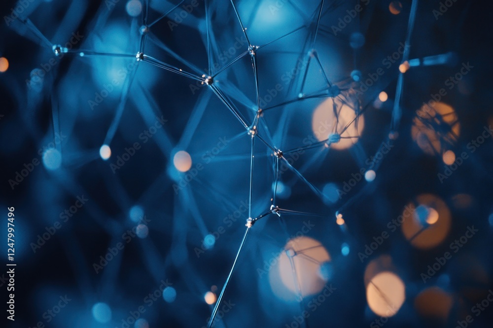 Poster abstract network connection. glowing nodes and lines in dark blue and orange hues.