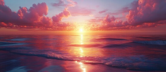 Obraz premium Colorful sunset over calm ocean waves, vibrant pink and orange hues, peaceful and serene atmosphere, dramatic sky with clouds, golden light reflecting on water, tranquil seascape, picturesque scene