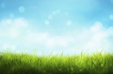 Lush green grass against a bright, blurred blue sky.