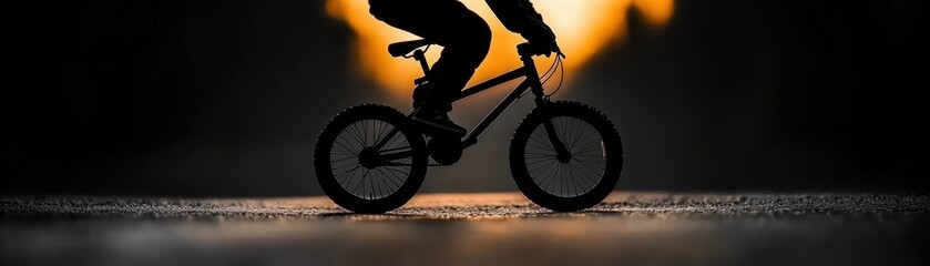 Fototapeta premium A silhouette of a cyclist on a bike against a vibrant sunset backdrop, This image can be utilized for themes related to cycling, adventure, fitness, or outdoor activities,