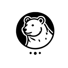 A minimalist depiction of a bear, showcasing a bear's head profile, placed in a circle, with a black outline on a white background, and three black circles below.