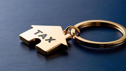 A golden keychain shaped like a house with the word "TAX" engraved, symbolizing property taxes or real estate financial responsibilities.
