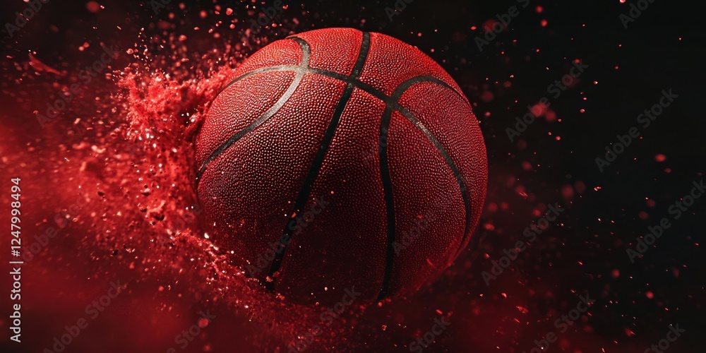 Poster red basketball exploding in red powder, dynamic action shot.