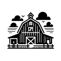 Naklejka premium Stylized, minimalist black and white illustration of a barn, with a stylized gate and clouds, in a rural farm setting.