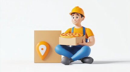 Happy delivery man sitting with pizza box and location marker. (1)