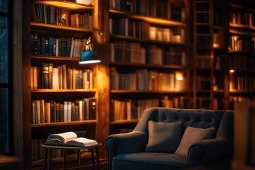 Cozy reading nook in a dimly lit library with wooden bookshelves filled with books, a comfortable armchair, and a small table with an open book.