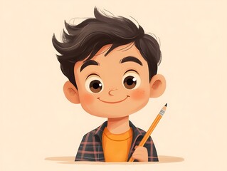 Child holding pencil, portrait, light beige background, learning