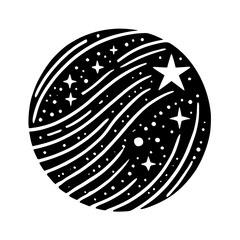 Celestial Sphere: Black and White Illustration of a Starry Night Scene, Circular Composition, Minimalist Style