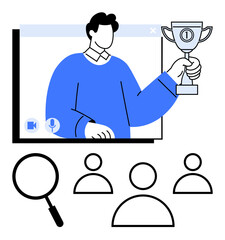 Person holding a trophy in a video call window with profile icons and magnifying glass. Ideal for teamwork, recognition, online success, leadership, remote work, collaboration, abstract line flat