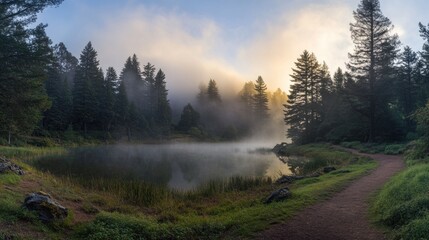 Misty sunrise over tranquil lake in a pine forest, path alongside.