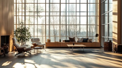 Sunlit modern living room with large windows, wooden floors, and comfortable seating.