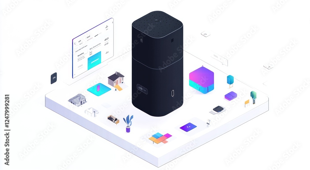 Aufkleber isometric illustration of a smart home device surrounded by various smart home objects and interface