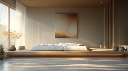 Serene Minimalist Bedroom Featuring a Low Platform Bed with Cozy Vibes and Modern Elegance