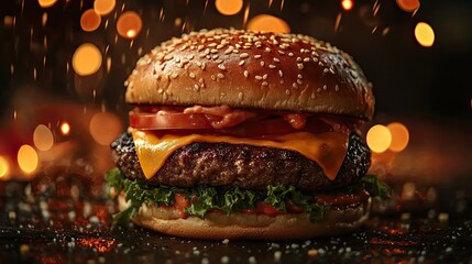 Close up, vertical of a juicy cheeseburger with an American flag in a festive setting with fireworks in the background.