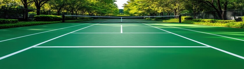Obraz premium A pristine tennis court surrounded by lush greenery under a clear blue sky, perfect for illustrating sports, outdoor activities, fitness programs, or recreational facilities,