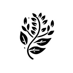 Naklejka premium A graphic illustration of a simple leaf stem with leaves and branches, black ink against white background