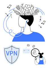 Person with flowers and musical notes around head, using earphones. VPN shield icon, financial security illustration with person examining dollar symbols. Ideal for privacy, relaxation