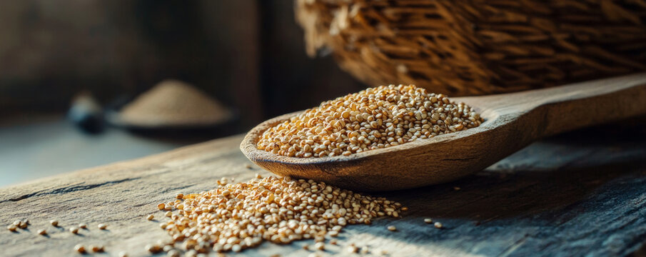 wooden spoon filled with mixed quinoa seeds rests on rustic wooden surface, showcasing natural textures and colors of grains. warm lighting adds cozy atmosphere to scene