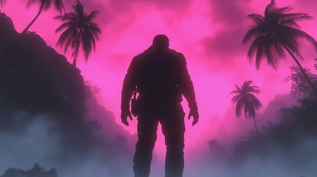 Silhouette of a lone figure stands against a vibrant pink sky in tropical scenery a compelling image of adventure or contemplation