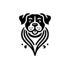 Minimalist black and white dog illustration logo, stylized portrait, white background, happy, vector style, smiling.