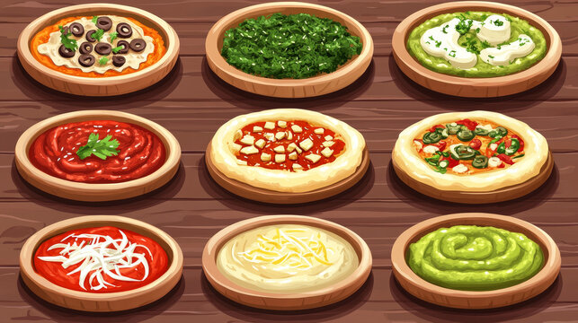 Pizza constructor with base and toppings tomato sauce, mayonnaise, cheese, soy or guacamole. Design elements for game, app or book of recipes, cooking class, cafe, pizzeria menu, Cartoon vector set