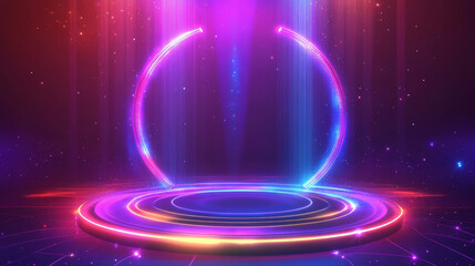 Obraz premium Futuristic digital portals with neon glow and hologram effect. Magic circle and square podiums, fantasy teleport platforms with color light beams and sparkles, vector realistic set