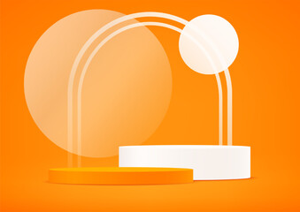 Orange background vector 3d with white podium. 3D abstract studio room with pedestal podium. Space for selling products on the website. Vector illustration.