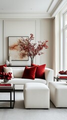 A stylish living room featuring a white sofa with red accents, decorative cushions, and a floral arrangement, creating a cozy and inviting atmosphere.