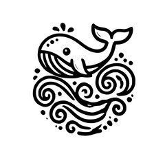 Adorable cartoon whale floating on a simple, black and white wavy ocean, with a stylized minimalist design.