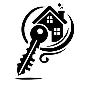 Black and White Stencil of a House and Key: a Symbolic Real Estate Image